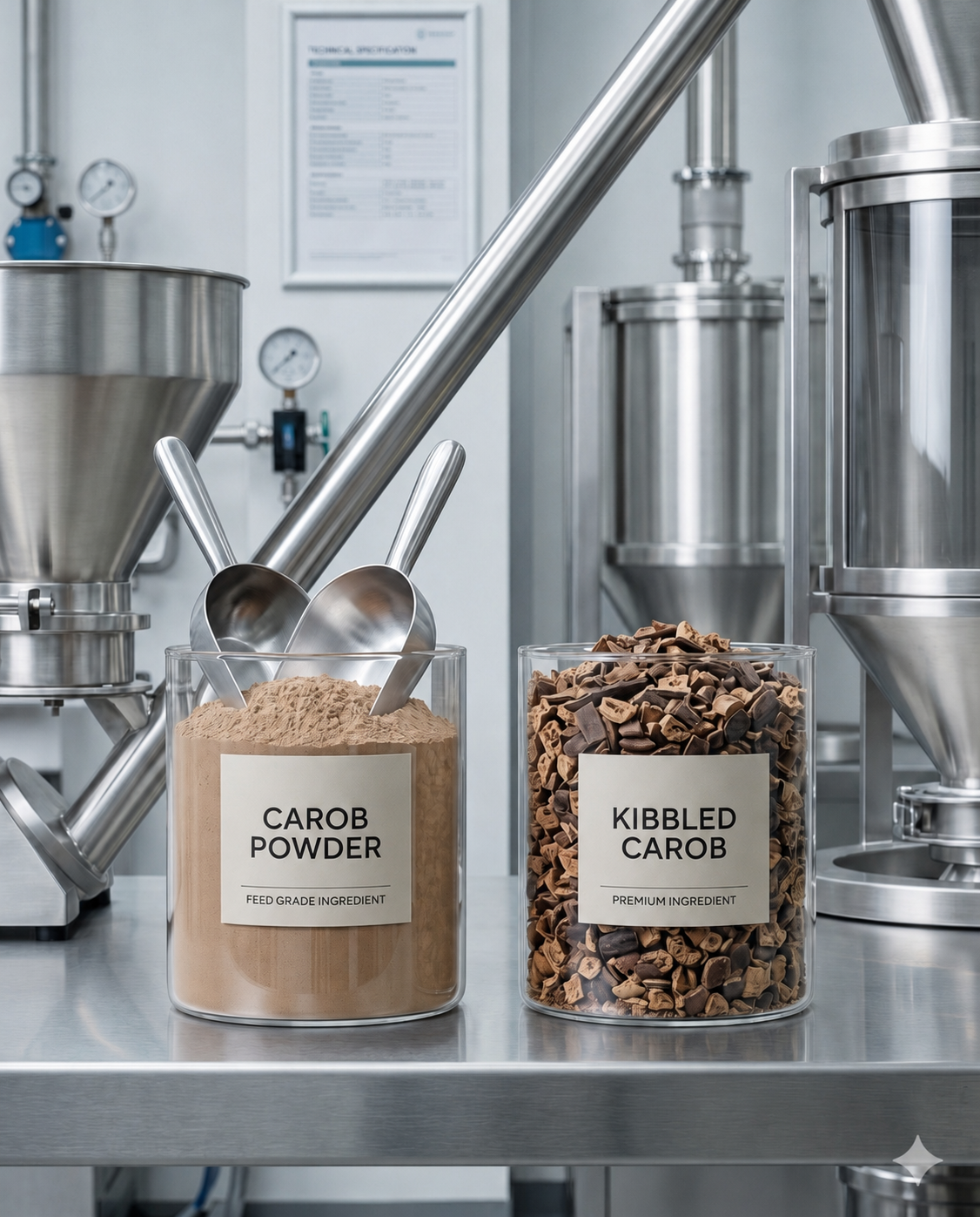 Premium industrial presentation of carob powder and kibbled carob ingredients in a technical setting